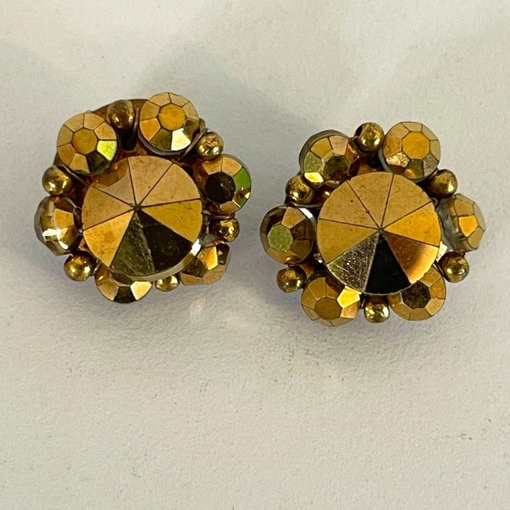 Vintage  Rivoli Hobe Gold Crystal Metallic Mirror Clip Earrings